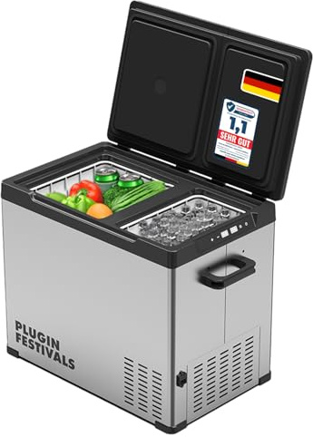 PLUG IN FESTIVALS elektrische Kühlbox - 2 Fächer Kompressor Kühlbox 12v 230v - bis -20 Grad & App-Steuerung - Gefrierbox Auto & Camping - DUAL Ice Cube elektrisch (38 Liter)