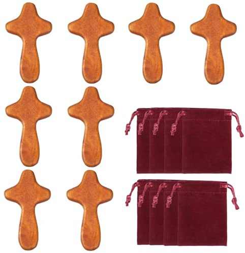 WEGREAT Handkreuz Holz: 8 Stücke Handgehaltenes Kreuz Kreuzen, Holzkreuze Klein, Handschmeichler mit 8 Stücke Flanelltasche für Kommunion, Taufe, Beileid Geschenk, Auch als Sterbekreuz (Braun)