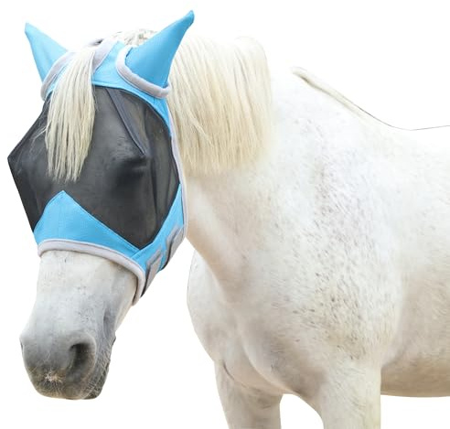 Gallopoff Fliegenmaske Pferd mit Ohren – leichtes Mesh, atmungsaktiv, UV-Schutz, weich gepolstert & bequem, verstellbar Hellblau Full
