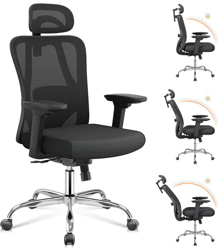 DEVAISE Bürostuhl Ergonomisch: Schreibtischstuhl mit Wippfunktion, Verstellbarer Kopfstütze & Lendenstütze, 3D-Armlehnen, 3-stufige Neigung, atmungsaktives Netzgewebe fürs Homeoffice & Büro, Schwarz