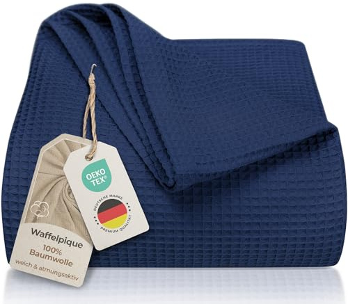 LAYNENBURG Premium Tagesdecke 150 x 200 cm - Waffelpique 100% Baumwolle - leichte Sommerdecke Waffeloptik - Baumwolldecke als Bett-Überwurf, Sofa-Überwurf, Couch-Überwurf - Sofa-Decke (blau)