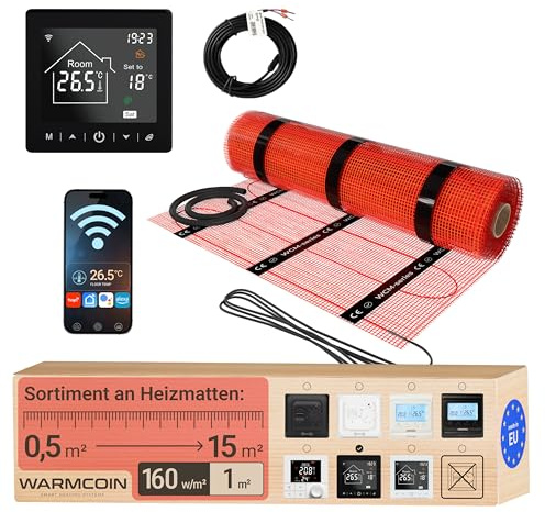 Warmcoin Elektrische Fußbodenheizung All-in-One Set 160 W/m² – Fliesen, Laminat & Vinyl – 1,0 m² – Inkl. W100 Schwarz WiFi-Thermostat mit Touchscreen – Modernes Design & App-Steuerung