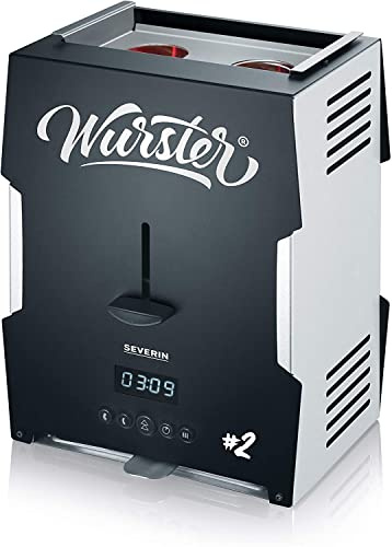 SEVERIN WURSTER, perfekt gebräunte Würstchen auf Knopfdruck in nur 5 Minuten, ohne Zugabe von Fremdfett, inkl. Holzzange, Schwarz, Edelstahl/Kunststoff, WT 5005