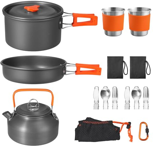 FUNYKICH Camping Geschirr Set, 17-teiliges Camping Kochgeschirr Aluminium Campingkocher Töpfe Becher Faltbare Besteck, Campinggeschirr für 2 Personen Outdoor Picknick Wandern