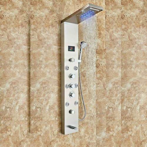 LED Duschpaneel aus rostfreiem Edelstahl mit Temperaturanzeige und 8 Massagedüsen Farbe: (Nickel Gebürstet)