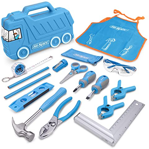 Hi-Spec Echter Werkzeugkoffer für Kinder in Blauer LKW Box | 17-tlg. mit Kinderschürze, Schutzbrille, Wasserwaage, Handwerkzeuge, Sicherheitsschere. Echtes Kinder Werkzeugset!