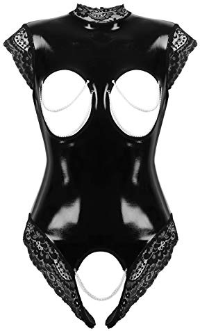 Damen Wetlook Body Brustfrei Latex Catsuit Ouvert Lackleder Bodysuit | Glänzend Lack Lederoptik, Busenfrei Offene Brüste, Schritt Offen, Mit Spitzenbesetz Und Metallketten, Ärmellos, Nachtwäsche