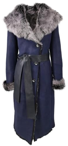 Hollert Damen Toscana Lammfellmantel Lanessa Blau Wintermantel Fellmantel kuschelig weich mit Kapuze