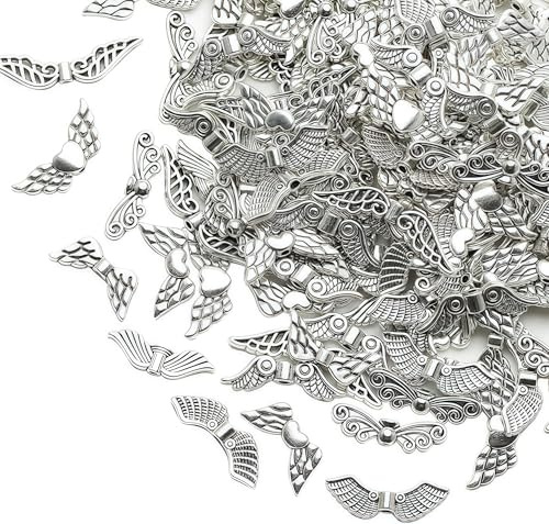 DAHI 200pcs Engelsflügel Bastelset Flügel Spacer Perlen Flügel Perlen Metall Perlenkappen Perlenengel zum Basteln Zubehör mit Karabinerverschluss