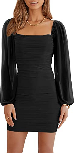 Wenrine Damen Kleider Party Cocktail Club Bodycon Kleid Hochzeitsgast Mesh Langarm Square Neck Minikleid Slim Fit