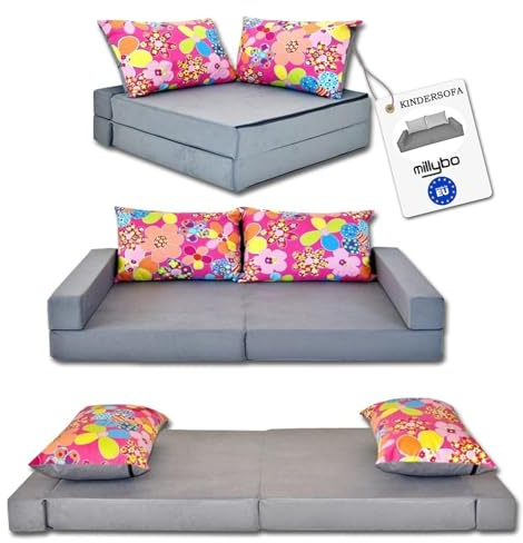millybo Kindersofa Kindercouch Kindermatratze Minicouch Set + 2 Kissen viele Muster (KKA12)