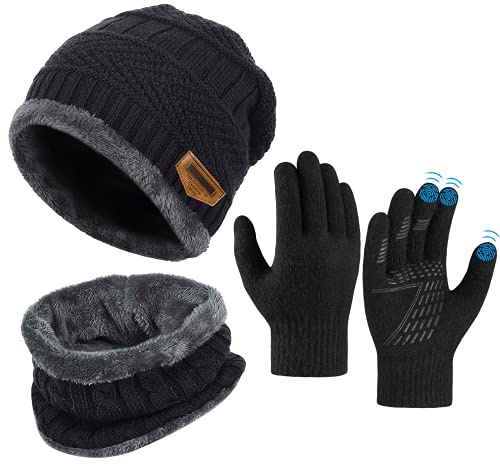 OOPOR Kinder Wintermütze Schal Touchscreen Handschuhe Set - Beanie Strickmütze Winterschal Thermo Fleecefutter Warme Knit Hut Loop Rutschfeste für Junge Mädch 5-10 Jahre