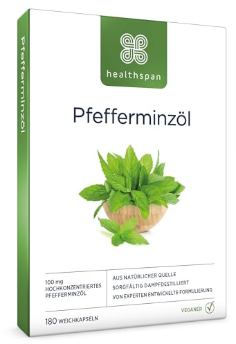 Healthspan Hochdosiertes Pfefferminzöl 100 mg | Unterstützt eine gesunde Verdauung und das Wohlbefinden | Hochwertige Qualität für maximale Wirksamkeit und Reinheit | Vegan | 180 Kapseln