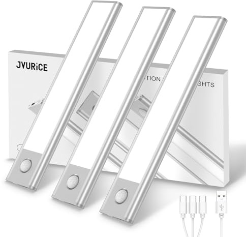 JVURICE Schranklicht mit Bewegungsmelder, LED Schrankbeleuchtung,20cm Ultradünnes Aluminium 6500K & Dimmbar, 1500mAh USB Akku Beleuchtung, Magnetlampe Kabellos für Flur Küche Treppe (3er Pack)