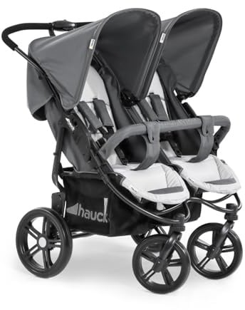 hauck Geschwisterwagen Roadster Duo SLX, Zwillingsbuggy ab Geburt bis 15 kg (ca. 3 Jahren) mit Liegefunktion, XL Korb, Einfach und Klein Zusammenklappbar, Große Räder (Grey/Silver)