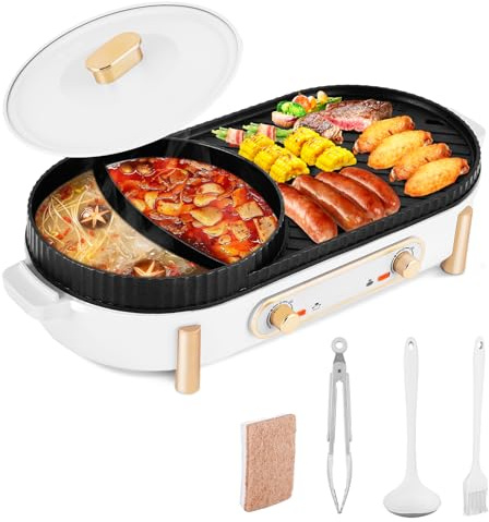 YJINGRUI Elektrischer Hot Pot 2200W Elektrogrill Hot Pot Grill 2 in 1 Hotpot Topf und Grillplatte mit 2 unabhängiger Temperaturregelung für 3-12 Personen