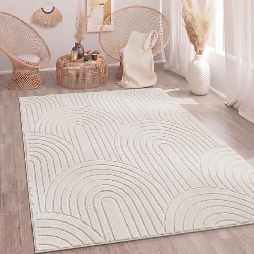Paco Home Teppich Wohnzimmer Schlafzimmer Hochflor Weich Uni Skandinavisch Boho Motiv 3D Optik Regenbogen Waschbar Creme, Grösse:160x220 cm