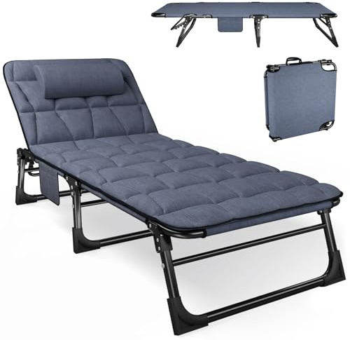 ATORPOK SHOP klappbare Sonnenliege mit 4 Positionen verstellbaren Rückenlehnen, tragbare vielseitige Campingbett-Liegestuhl-Kombination für Garten, Pool, Patio, gepolsterter Matratze & Kissen - Blau