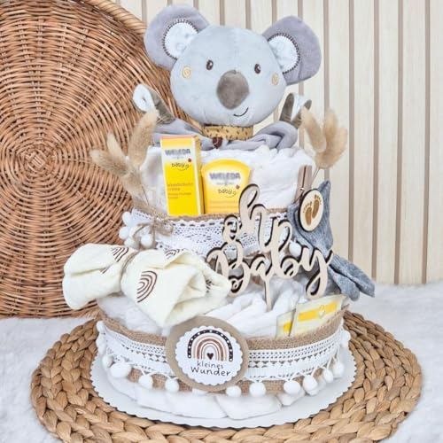 Windeltorte Boho Vintage Stil | Geschenk zur Geburt | Made in Germany | mit Baby-Schmusetuch, hochwertigen Pflegeprodukten, Babytee, Söckchen, Tuch & schönem Zubehör | Baby Geschenk