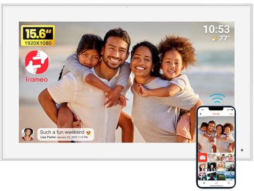 Frameo 15,6 Zoll Digitaler Bilderrahmen WiFi mit 32 GB, Full HD IPS Touchscreen (1920x1080), Fernversand von Fotos & Videos per FRAMEO App, Wandmontage, Weiß Eltern & Großeltern