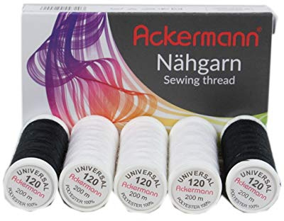 Ackermann 5X 200m UNIVERSAL NÄHGARN (Allesnäher), Stärke 120, 100% Polyester, reißfest (3X Weiß + 2X Schwarz)