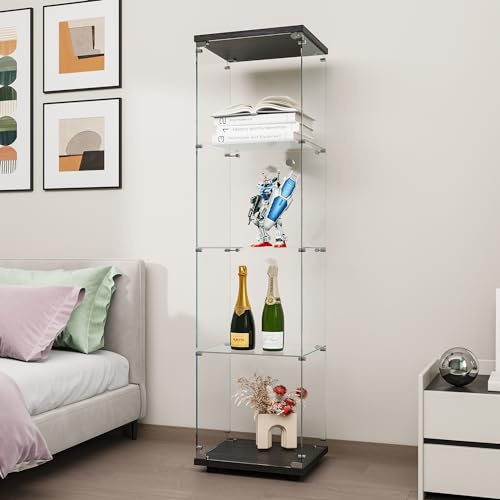 FANYUSHOW Glasvitrine Standvitrine in Schwarz, Modern Glas Holz Vitrine 4-Lagen Vitrine aus Glas für Sammlerstücke Bücher Wein, für Büro Wohnzimmer Küche, 164x42.5x36.5cm