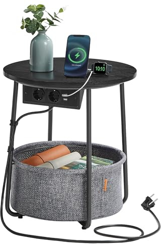 VASAGLE Beistelltisch rund, Kleiner Tisch, Couchtisch mit Steckdose, Wohnzimmertisch, Korb aus Stoff, Stauraum für Wohnzimmer Schlafzimmer, Nachttisch modern, ebenholzschwarz-schiefergrau LET228B02