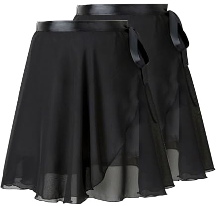 FOSDICK 2 Pcs Wickelrock Tanz Rock Chiffon, Ballettrock Damen Mädchen, Ballett Rock Verstellbare Taille Krawatte, Atmungsaktiv Dancewear(Schwarz)