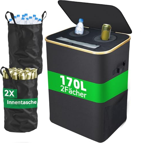 DanzeyGreen 170L Pfandflaschen Sammelbehälter mit Deckel,2 Fächer,2 Flaschentaschen,Großer Pfandbehälter,Flaschensammler leergut geeignet für Küche und Speisekammer,Schwarz (170L)