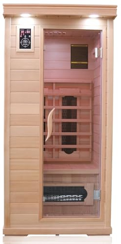 Dewello® Infrarotkabine Infrarotsauna Windsor 90cm x 90cm für 1-2 Personen aus Hemlock Holz mit Keramikstrahler, Bodenstrahler, LED-Farblicht, Bluetooth, FM,MP3,USB