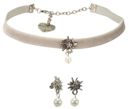Alpenflüstern Trachtenschmuck-Set Trachten-Samt-Kropfband und Ohrhänger Strass-Edelweiß - Damen-Trachten-Schmuck, Trachtenset Trachtenkette und Trachten-Ohrringe (grau) SET060