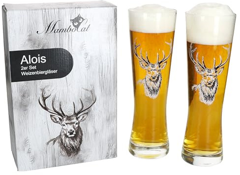 MamboCat Alois 2er Set Weizenbiergläser | klassische Biergläser mit Hirsch-Motiv für stilvollen Biergenuss | Geschenkverpackung inklusive