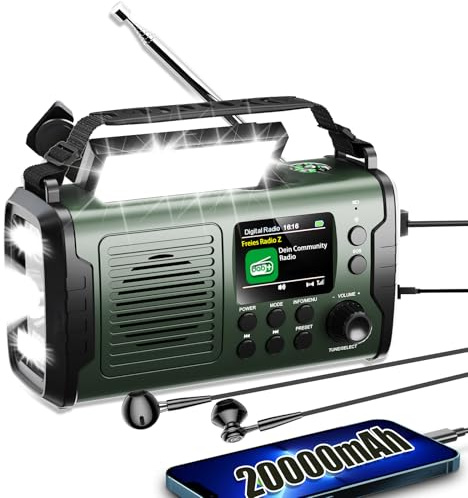 20000mAh Kurbelradio mit Handyladefunktion Solar DAB/DAB+/UKW Radio,3 Lademethoden 11 in 1 Bluetooth 5.3 Tragbares Notfallradio mit Powerbank,SOS,Taschenlampe,Kompass,TF Karte,Leselampe