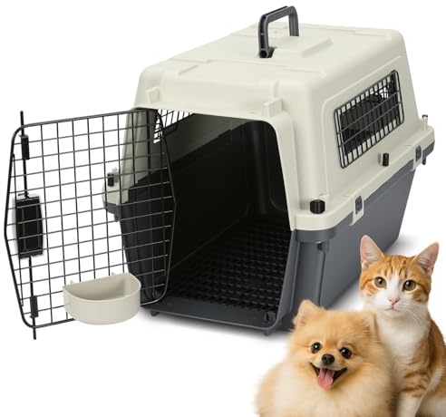 Ollewiellan Pet Transportbox für Katzen, kleine Hunde & Nagetiere bis 10 kg, 60,4x42x39,8 cm, Leichte Hundetransportbox mit Metallgitter, Inkl. Grundausstattung