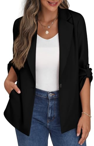 PrinStory Blazer Für Damen Verstellbare Ärmel Longblazer Geschäft Büro Blazer Anzug Sportlich Jack Trenchcoat
