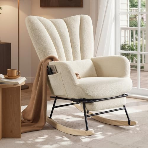 SONGMICS Schaukelstuhl für Schlafzimmer, Wohnzimmer, cremeweiß LYY018W101 | Schaukelsessel, abnehmbares Kissen, Seitentaschen, Holzbeine, cremeweiss, TEOU Kollektion LYY018W101