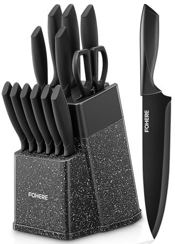 FOHERE Messerblock mit Messerset, Edelstahl Messerset mit Integriertem Schärfer, 13-teilig, Scharfe Küchenmesser Set mit Antihaftbeschichtung, Ergonomischen Griffen, Schwarze Granit