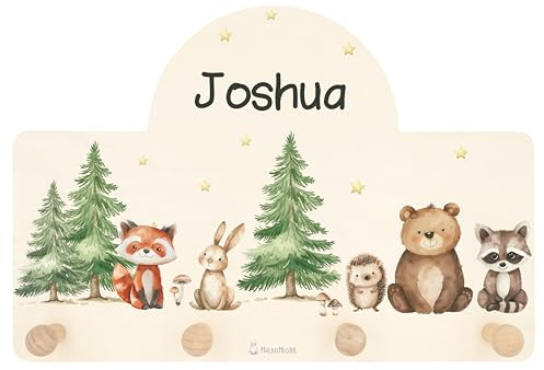 Geschenkfreude Personalsierte Kindergarderobe mit Namen aus Holz - Kinder Garderoben Waldtiere - einzigartige Kinderzimmer Deko - Wandgarderobe - Baby Garderobe - Kleiderhaken für Kinder