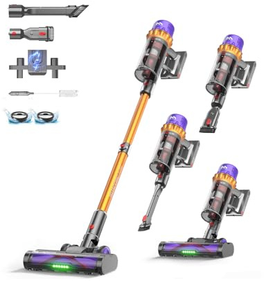 AlloyMove Akku Staubsauger, 50000Pa/550W/80Mins Staubsauger Kabellos mit LED Display und Anti Tangle Bürste, 7-stufiges Filtersystem, Für Tierhaare Hartböden Teppich A05