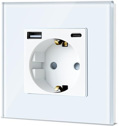 TAWOIA Schuko Steckdose mit USB C 20W, EU-Standard 1 Fach Unterputz Steckdose mit Kristall Glas Platte Wandsteckdosen Weiß 86 * 86mm