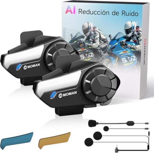 Moman Motorrad Intercom Headset, H2S 1000M Motorradhelm Kommunikationssystem ENC& DSP&CVC Geräuschreduzierung Multitasking-Audio Hi-Fi Stereo Musik Teilen FM AI Sprache IPX6 Wasserdicht (2 Pack)