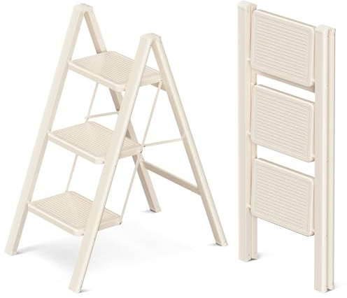 GameGem 3 Step Ladder, Carbon Steel, Cream White | Stabiler Karbonstahl, rutschfeste Füße, tragbare Trittleiter für Zuhause, Küche, Cremeweiß
