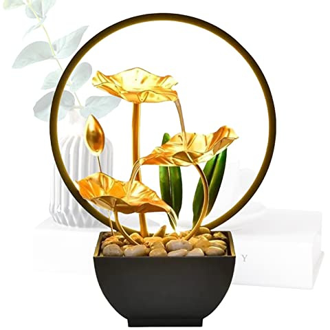 Tuzsocr Zimmerbrunnen LED, Tischbrunnen mit Beleuchtung Wasserfall, Moderne Zen Deko mit geräuschloser Pumpe, Entspannung Meditationsdekoration für Haus, Büro, Garten, Wohnzimmer, H 28 cm