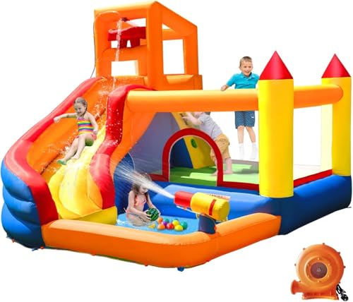 Ballsea Große Hüpfburg mit Gebläse, Trocken-/Wasserrutsche, geeignet für Kinder von 3 bis 10 Jahren, Children's Bouncy Castle for Indoor or Outdoor use 320 x 280 x 232 cm