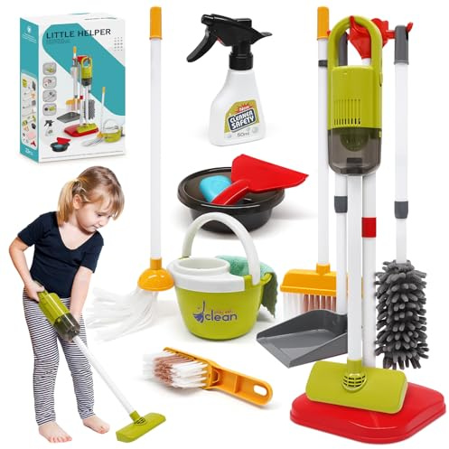 Dreamon Kinderstaubsauger Mit Saug und Soundfunktion, 14 PCS Putzset für Kinder, Staubsauger Kinder 15 × 56cm , Kinderbesen Set Spielzeug für ab 3 Jahren