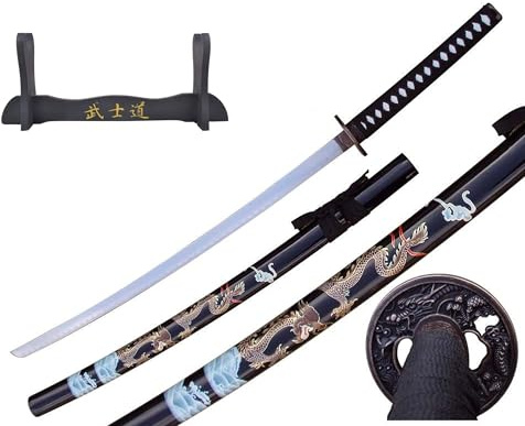 Katana Schwert Echt Matall - Samurai Schwert aus Stahl - Samurai Schwerter als Anime Deko - Japanisches Sword mit ständer - Ninja Schwerter Nicht scharf (4KM100-405BK)