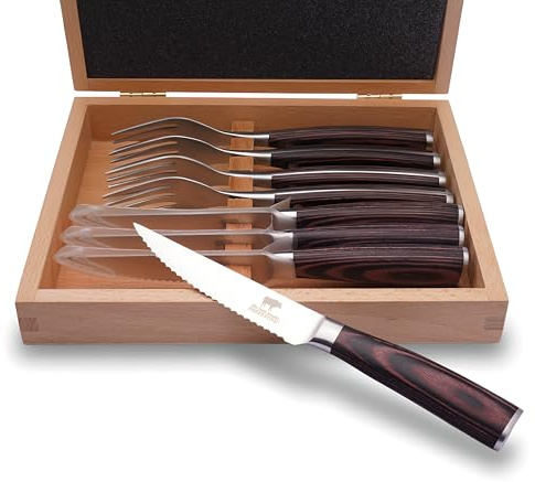 BEEFSTONE Steakbesteck Set 8-teilig, 4 Steakmesser mit Wellenschliff + 4 Steakgabeln, Ergonomische Pakka-Holzgriffe, Geschenkbox aus Holz