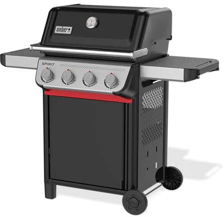 Weber Spirit E-410 Gasgrill / 4 Brenner, Snap-Jet Zündung, Robuste Räder und Warmhalterost, 51 x 46 cm Grillfläche, Kompatibel mit Weber Works Seitenablagen, Schwarz/Silber