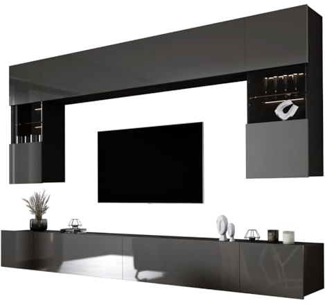 3xE Living Wohnwand Schwarz Matt/Grau Glanz Medienwand Design Modern MDF Hochglanz, Wohnzimmer Möbel, Wohnwand Wohnzimmer