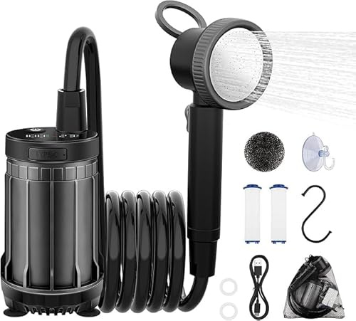 Uplayteck Campingdusche 8000mAh, 150min Laufzeit, IPX8 Wasserdicht, Tragbar | Mit Doppelfilter und Digitaldisplay, Dusche Set mit Duschkopf und 2M Schlauch, Ideal für Camping, Reisen